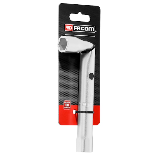 Facom 14mm angled box wrench 92A_14PB_P2 on retail card packaging, front angle, silver finish.