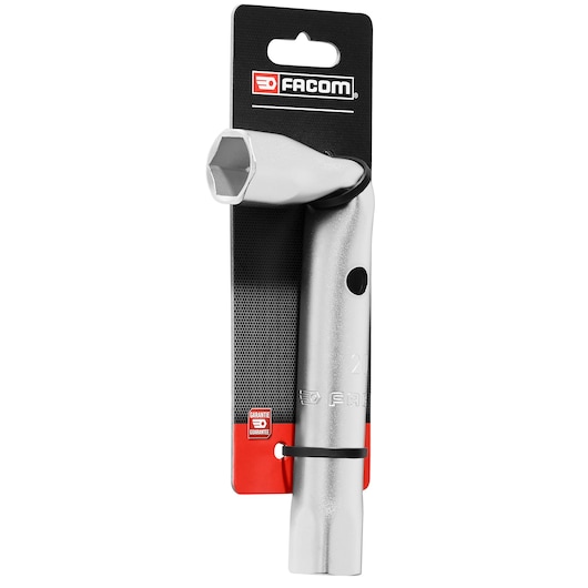 Facom 92A_20PB angled box wrench silver finish, front view against white background, tool on retail card.
