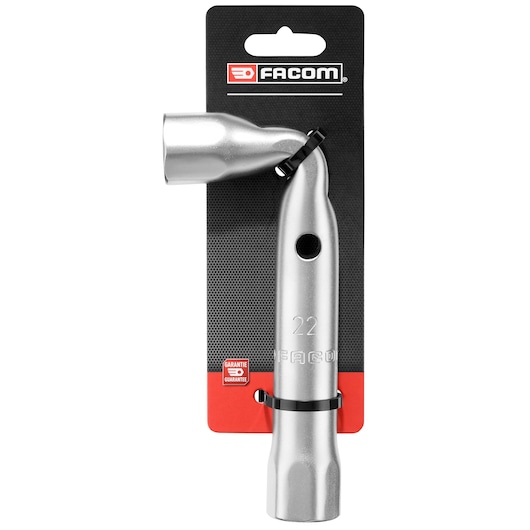 Photo of Facom 22mm angled box wrench 22MM_ANGLED_BOX_WRENCH, silver tool on retail packaging, front angle.