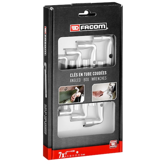 Photo of Facom 92A_JE7PB angled box wrenches set, seven silver wrenches in black and red packaging, front angle.