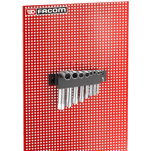 Facom socket holder with sockets mounted on red perforated panel, SKU 92A_P16M, side angle.