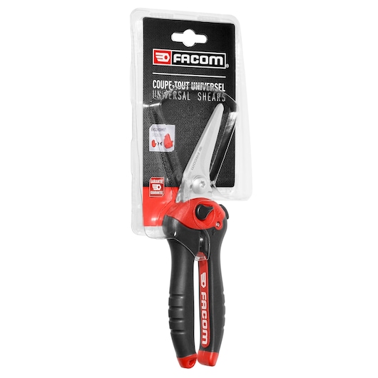 Facom 980C_PB universal shears with black and red ergonomic handle in retail packaging, front angle.