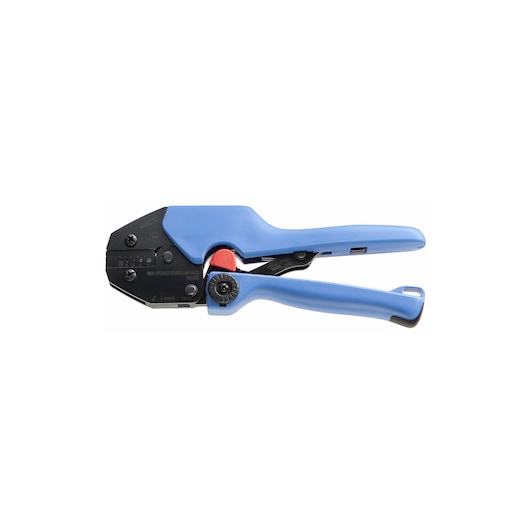 Facom 985755 blue handled crimping tool, side view, isolated on white background.