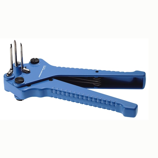 Facom blue snap ring pliers, SKU 985765, side angle, textured handles and three steel tips.