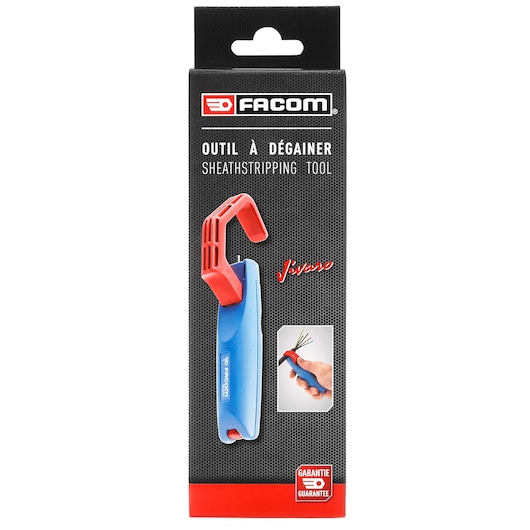 Facom 985956PB sheath stripping tool in black, red, and blue packaging, front view on white background.