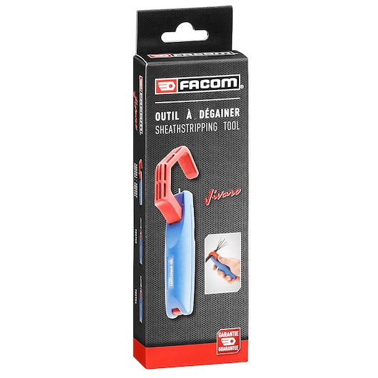 Facom sheathstripping tool SKU 985956PB, blue and red, retail packaging, front angle photo.
