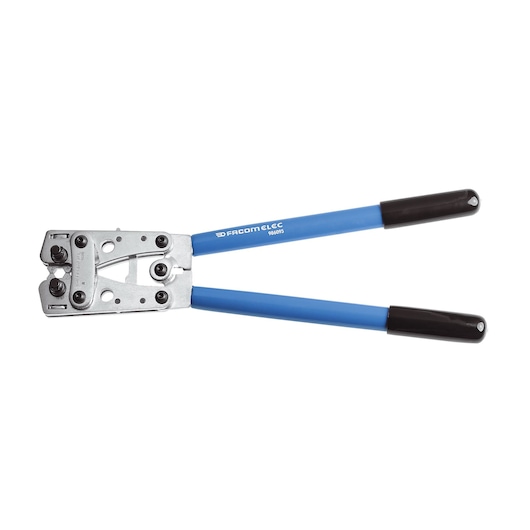 Photo of Facom 986095 crimping tool with blue handles, angled top view on white background.