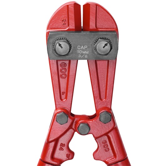 Facom 990_B2 red bolt cutter close-up on white background, showing cutting jaws and adjustment bolts.