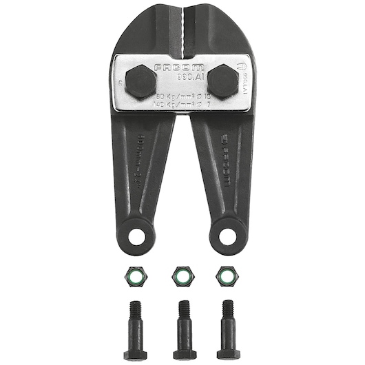 Facom 990_LB4 bolt cutter replacement jaws with three bolts and three nuts, front angle, white background.