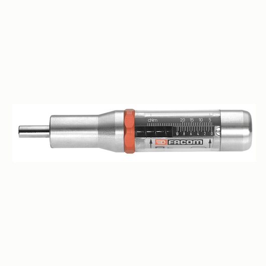 Facom A300MT torque screwdriver with scale, silver and orange, side angle on white background.
