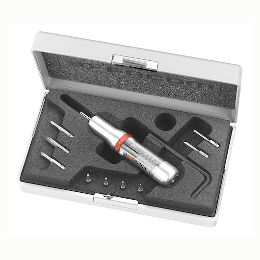 Facom A301MTJ1 torque screwdriver set with interchangeable bits and case, top-down view on white background.