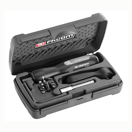 Facom A_402J2 ratcheting screwdriver set with multiple bits in an open black case, angled view.