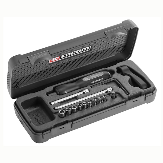 Facom socket and screwdriver set A404J1 in black case, top angle on white background.
