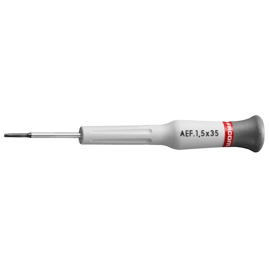 Facom precision screwdriver AEF_2X75, flat blade, grey handle, side angle, white background.