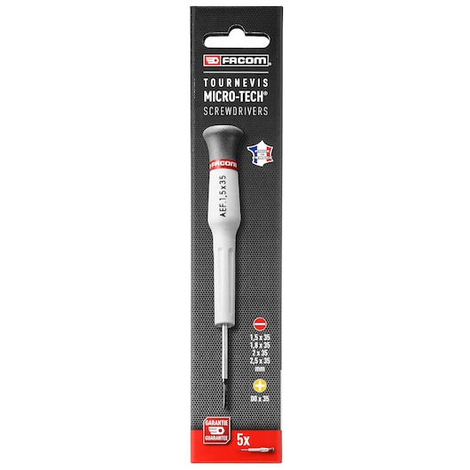 Photo of Facom AEF_J1PB precision Micro-Tech screwdriver in retail packaging, handle and tip visible, front angle.