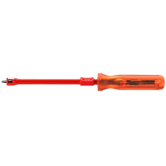 Facom AFR_4X125 insulated slot screwdriver with transparent orange handle, side view, on white background.