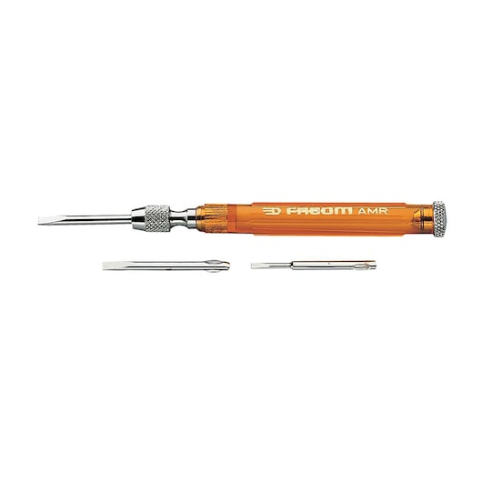 Facom AMR precision screwdriver set with orange transparent handle and three interchangeable bits, side view.