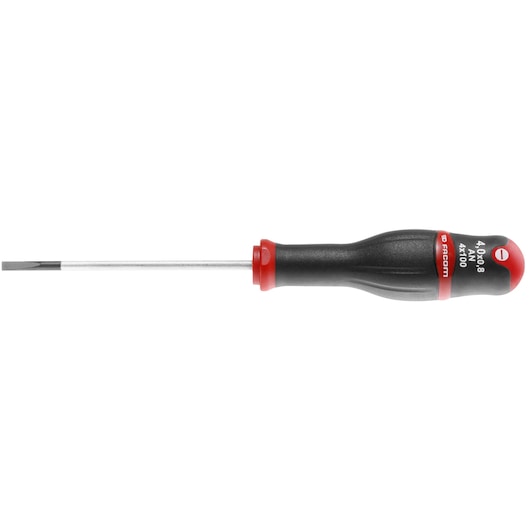Facom AN2_5X75 flathead screwdriver with black and red handle, side angle on white background.