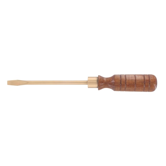 Facom AN3X75SR flathead screwdriver with brass shaft and grooved wooden handle, side view, photography