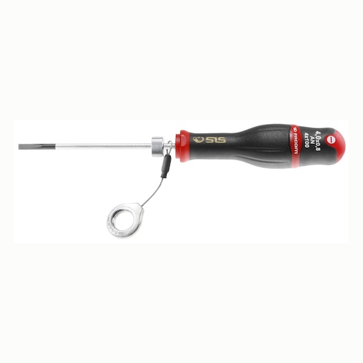 Facom AN5_5X150SLS flathead screwdriver with tether, black and red handle, side angle, white background.