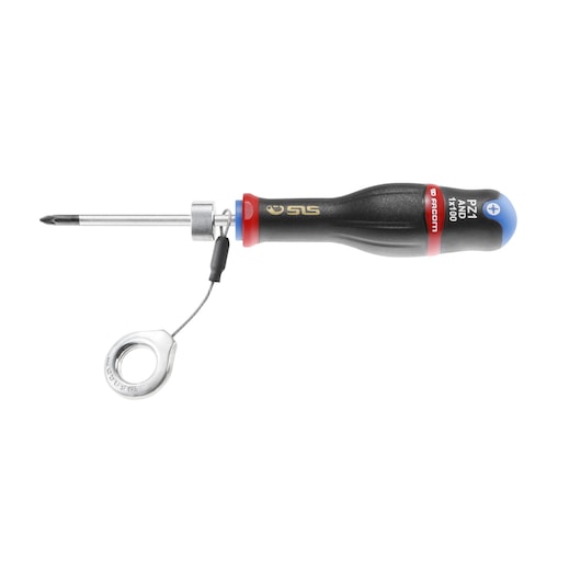 Facom AND1X100SLS Phillips screwdriver with black and red handle, security lanyard attached, side view, white background.