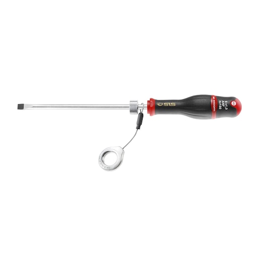 Facom ANF10X200SLS flathead screwdriver with black handle, safety lanyard, side view on white background.