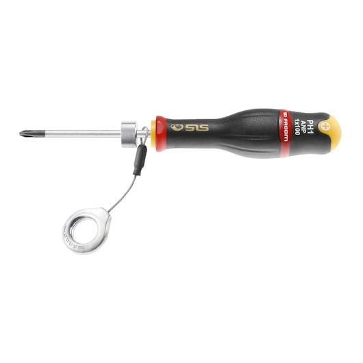 Facom ANP1X100SLS Phillips screwdriver with black and red handle, safety cable, side view, photography
