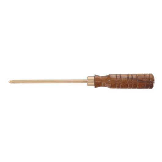 Facom ANP1X100SR brass Phillips screwdriver with grooved wooden handle, side view on white background.