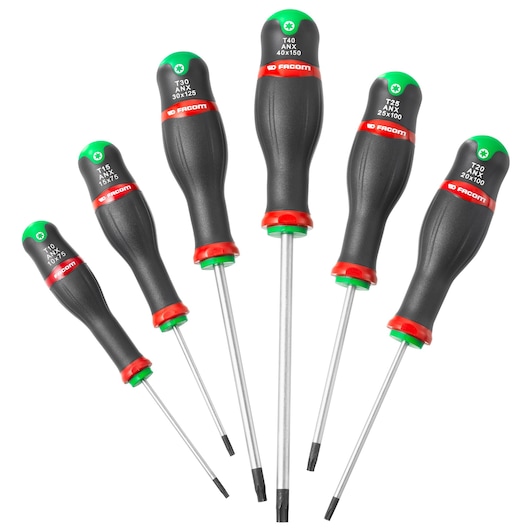 Photo of Facom ATXJ6 set of six black and red Torx screwdrivers with green caps, front angle, white background.