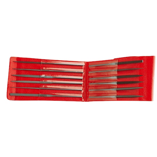 Facom file set with ten metal files in a red plastic case, AS_12LTP180T2A, photography, top view.