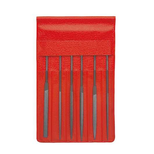 Facom needle file set in red pouch, six files arranged vertically, SKU AS6L140T2A, front angle.