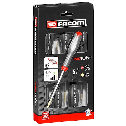 Photo of Facom AT_5PB screwdriver set, 5-piece Protwist™, in black retail packaging, front angle.