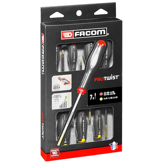 Facom AT_7PB screwdriver set, 7 pieces, black and red handles, front angle on white background.