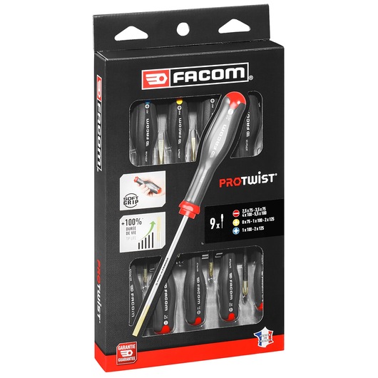 Facom AT_9PB screwdriver set, 9 pieces, black and red handles, in retail packaging, front angle.