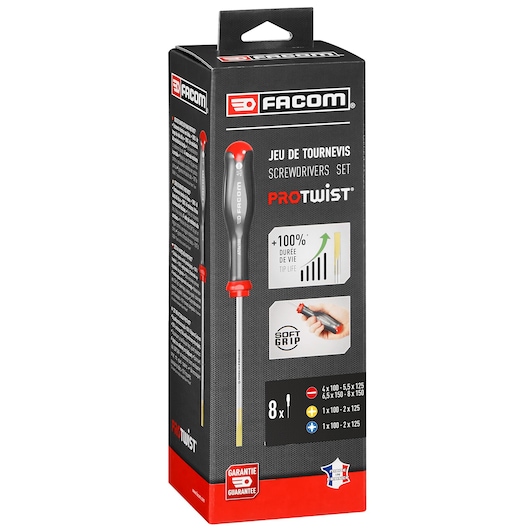 Photo of Facom AT_J8PB screwdriver set box, black packaging with red details, product and features visible, front angle.