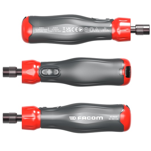 Photo of Facom AT_PA4V electric screwdriver in gray and red, side and top white background angles.