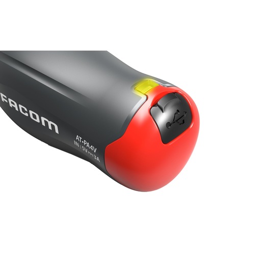 Facom AT_PA4V tool handle with red end cap, USB charging port, and visible yellow indicator, close-up on white.