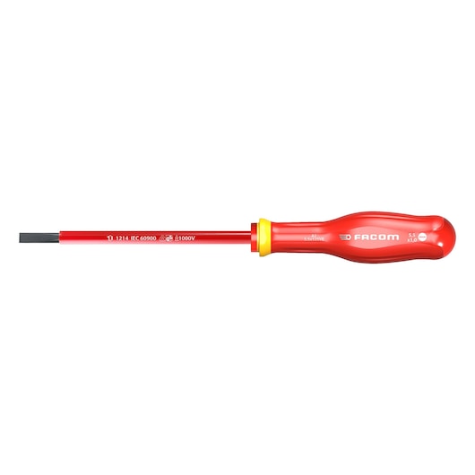 Facom insulated flat screwdriver with red handle and shaft, AT10X200VE, front view.