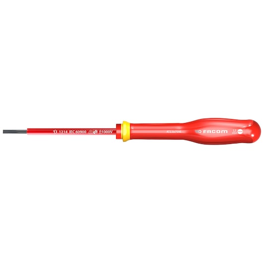 Photo of Facom insulated electrician's screwdriver AT2_5x75VE, red handle, flathead, side view on white background.