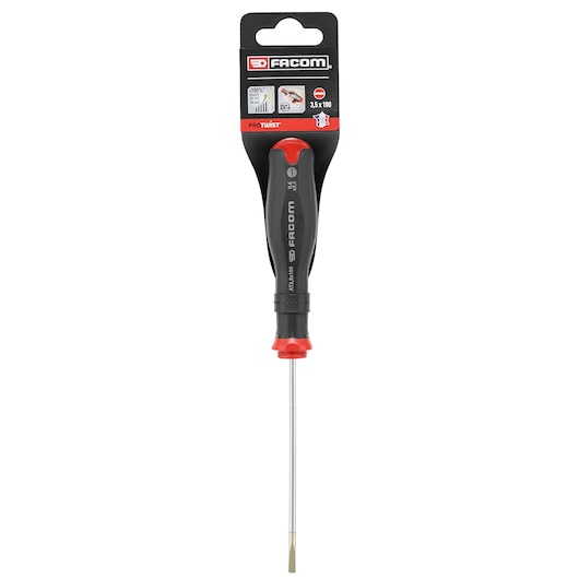 Photo of Facom PROT_SD_PARA_3.5X100_STD flathead screwdriver with black and red handle, front view on white background.