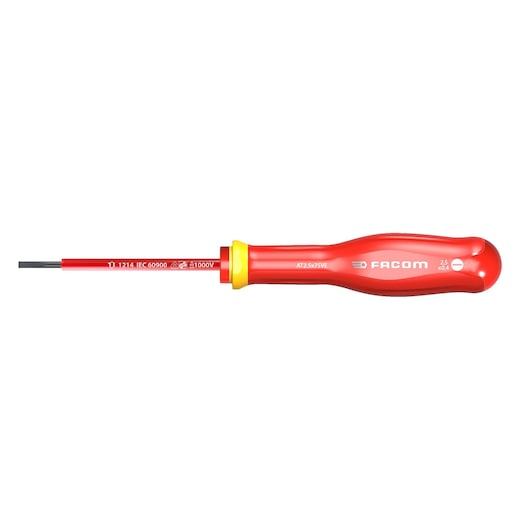 Facom insulated flat screwdriver AT3X75VE, red and yellow handle, side view, photographed on white background.