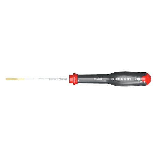Facom AT3X75 precision screwdriver with grey and red handle, flat tip, side view, white background.