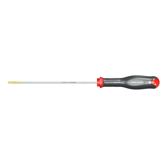 Facom AT4X150 flat blade screwdriver, long shaft, black and red handle, photography, side view.