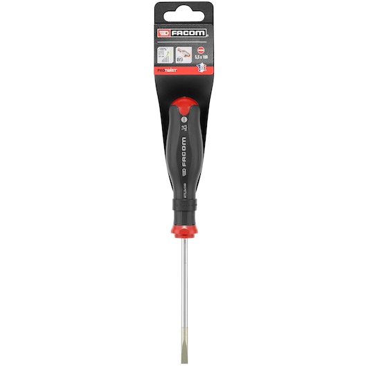Facom flathead screwdriver AT5_5X100PB with black and red handle, photographed on white background, front view.