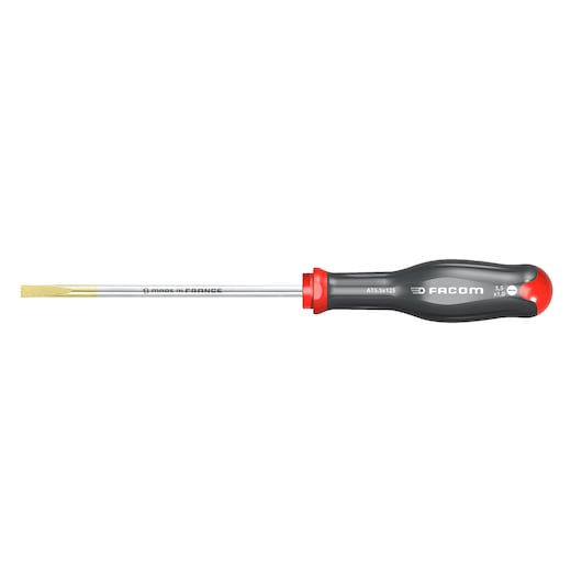 Facom flathead screwdriver AT5_5X100 with black and red handle, side view on white background.
