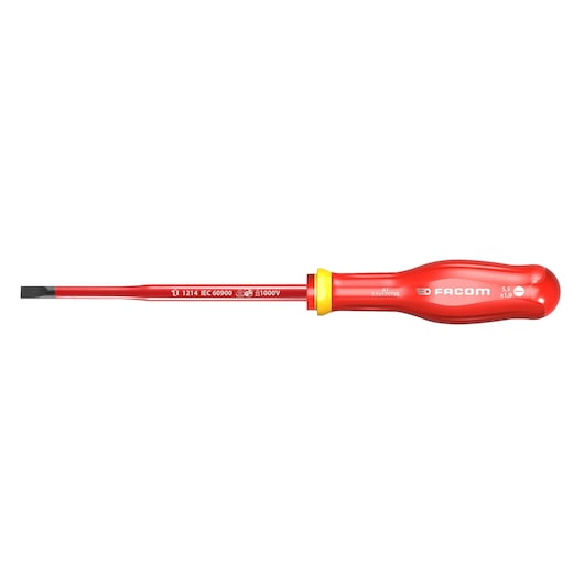 Facom insulated flathead screwdriver AT5_5X125TVE, red handle, side angle, on white background.