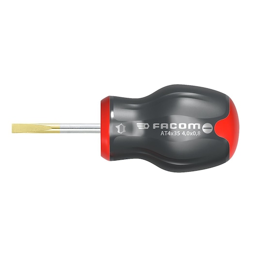 Facom short flathead screwdriver AT5_5X35, black and red handle, gold tip, side view on white background.