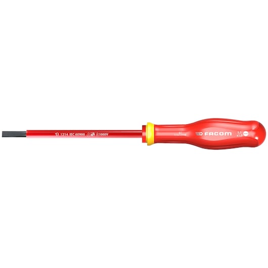 Facom insulated flathead screwdriver AT6_5x150VE with red handle and blade, product top view on white background.