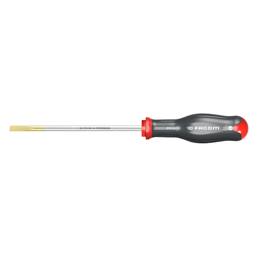 Facom AT6_5X150 flathead screwdriver with black and red ergonomic handle, side view on white background.
