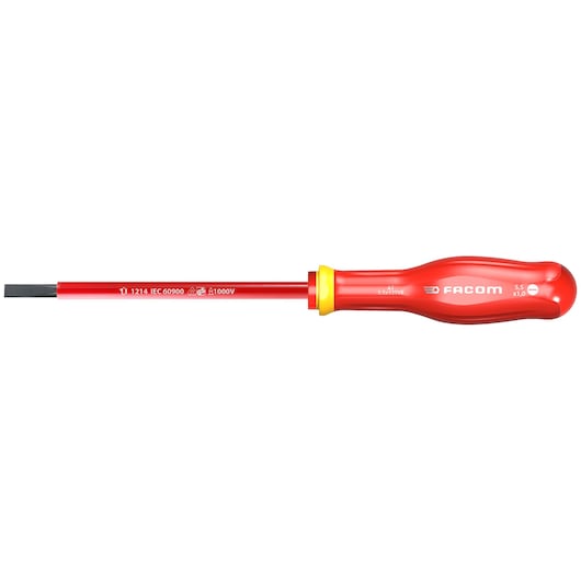 Facom insulated red flathead screwdriver AT6_5x200VE, side view, with yellow accent and printed specifications.